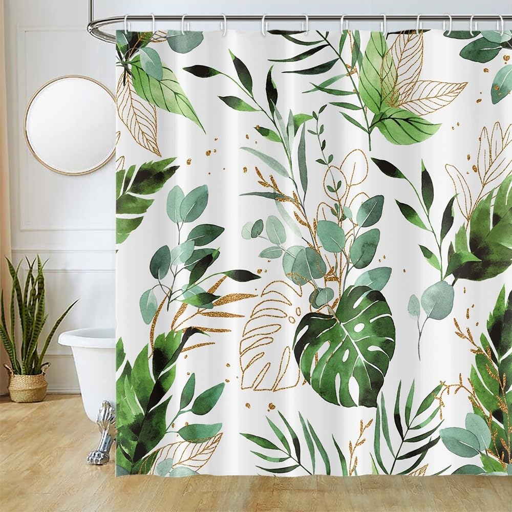 Uiiooazy Green Shower Curtain, Tropical Palm Leaves and Eucalyptus Bath Curtain, Anti-Mould Waterproof Polyester Fabric Bath Curtains with 12 Hooks 180 x 240 cm โ image 1