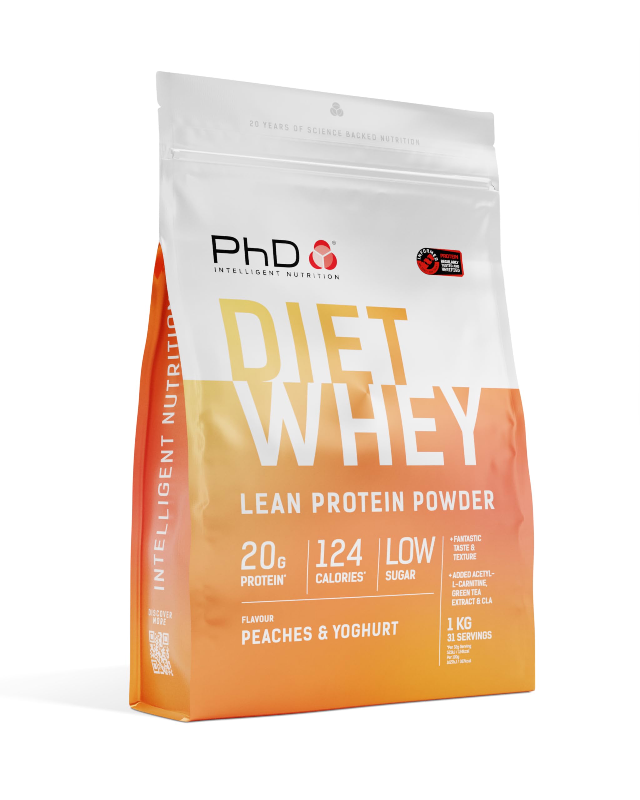 PhD Nutrition Diet Whey Lean Protein Powder | Peaches & Yoghurt Whey Protein Powder | 31 Servings 1kg Bag