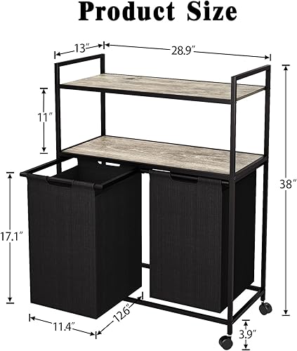 Miniatura 7 de Huhaneon Cesta de lavandería con ruedas, cesta de lavandería, muebles de baño con 2 bolsas extraíbles y extraíbles, 2 estantes, capacidad de 12