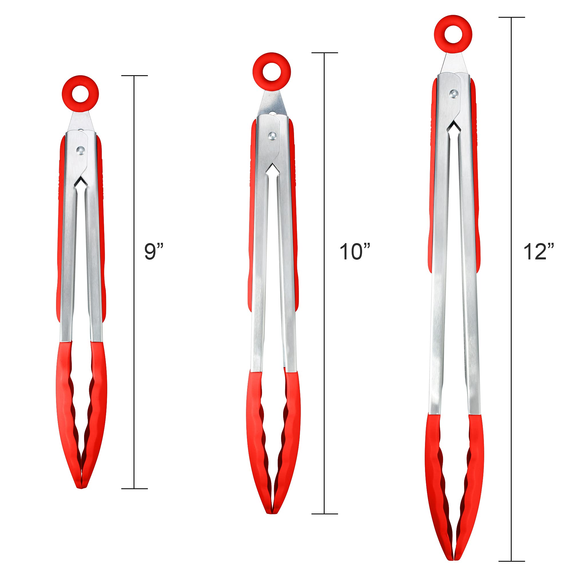 Paquete de 3 pinzas de cocina rojas, silicona premium, sin BPA, antiadherente, de acero inoxidable, para cocinar a la parrilla, pinzas de alimentos, 23,3 cm, 10 cm y 30,5 cm