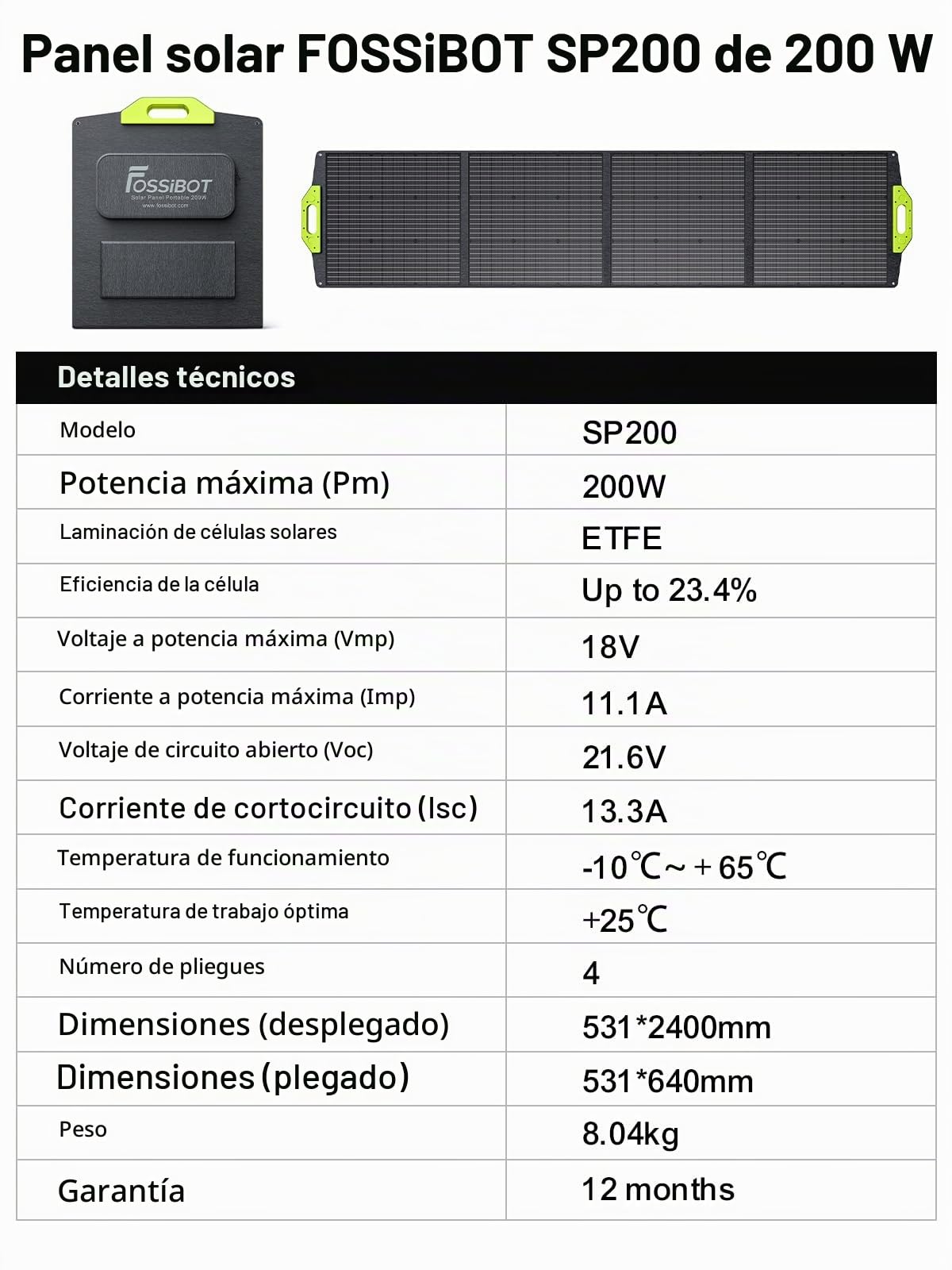 FOSSIBOT Panel solar portátil de 200 W, kit de panel solar plegable, módulo de eficiencia del 23,4% IP67, resistente al agua para camping, F1200 F2400 F3600, estación de energía portátil, generador