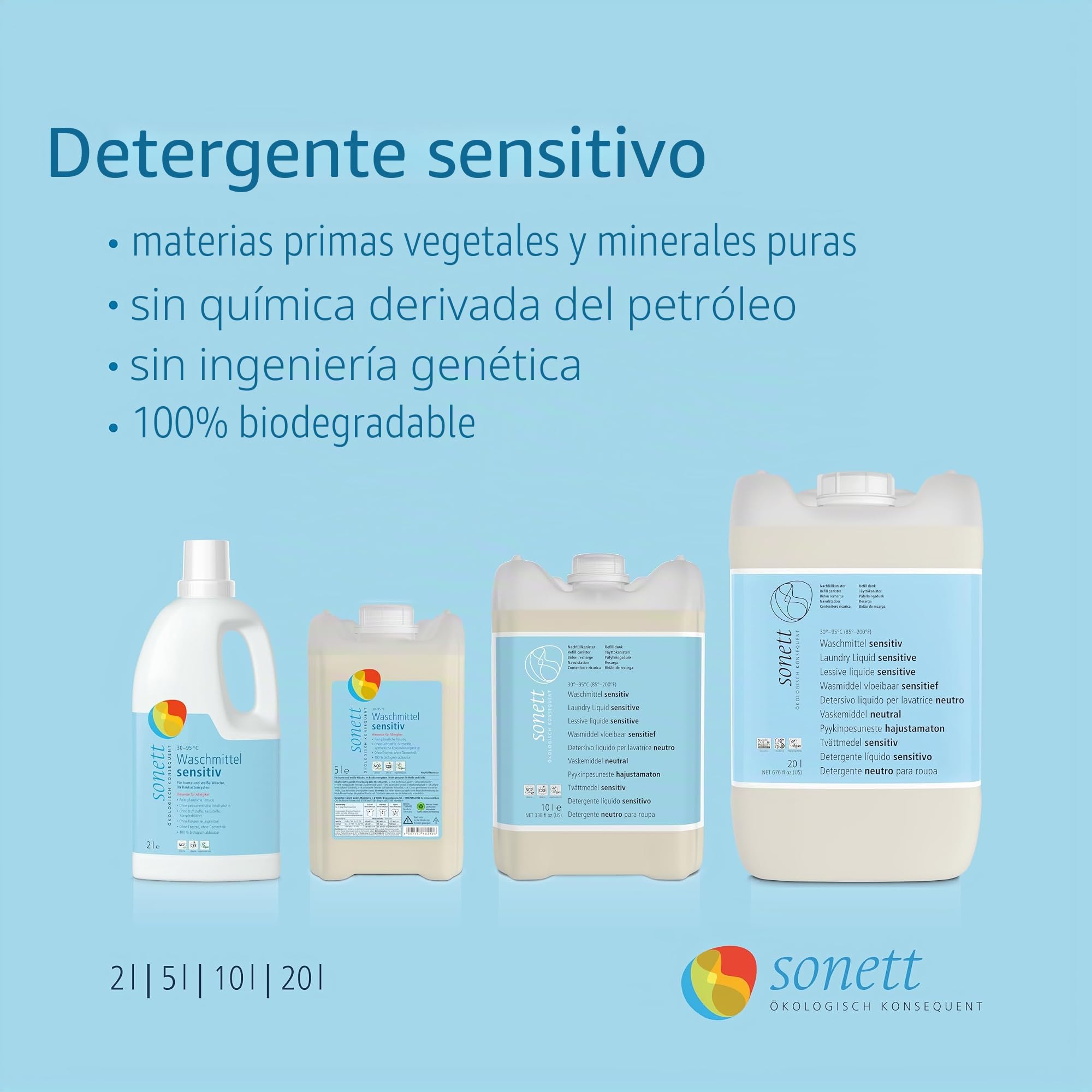 Soneto lavandería Sensitiv: pura pflanzliche tensoactivo, sin petrochemische ingredientes, 100% Biodegradable, 20 L