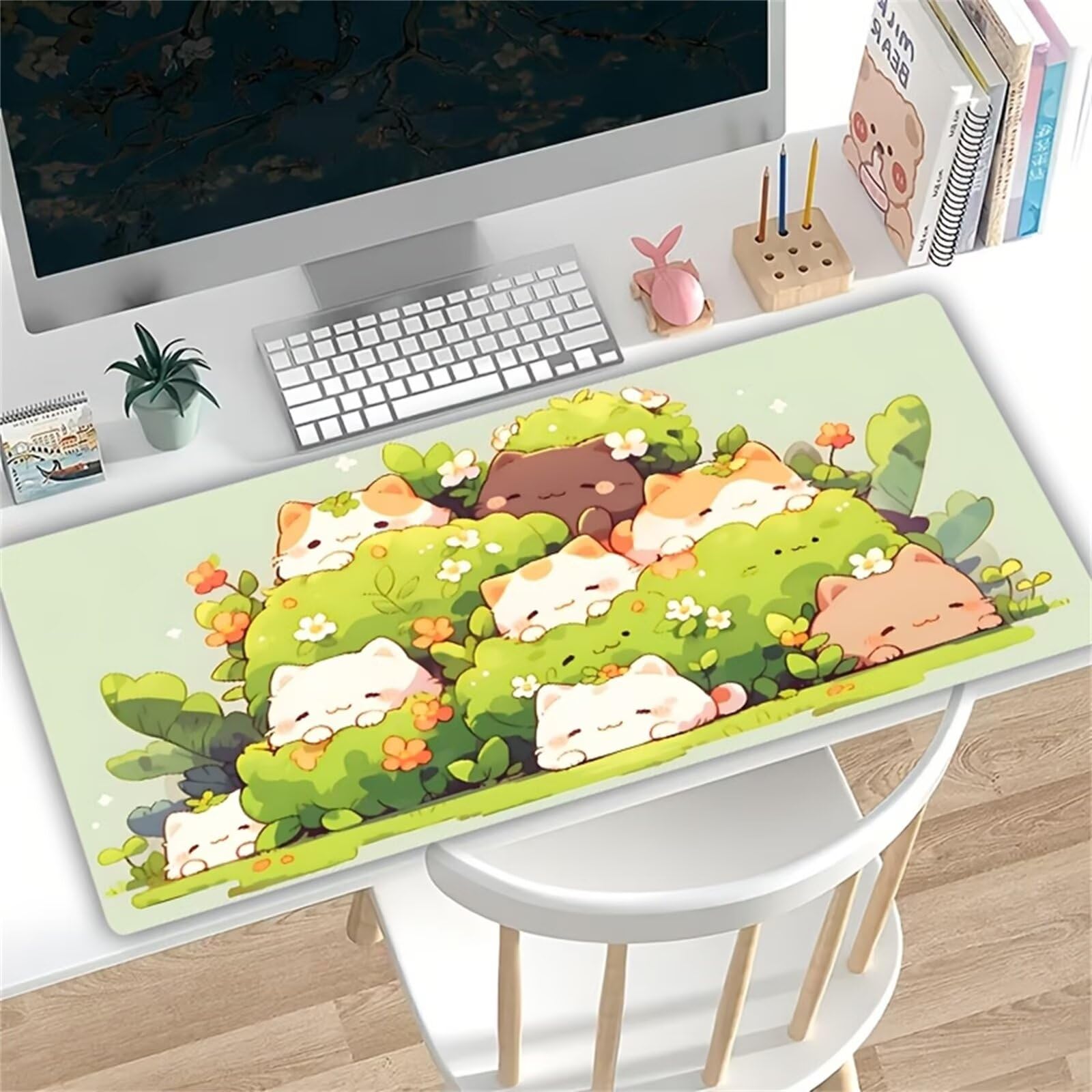 Tappetino per Mouse Gaming XXL 1200x600x2 mm, Mousepad Extra Large da Scrivania con Tappetino per Tastiera Antiscivolo, Superficie Ottimizzata per Sensori Ottici, Gatto Carino Cartoni Animati