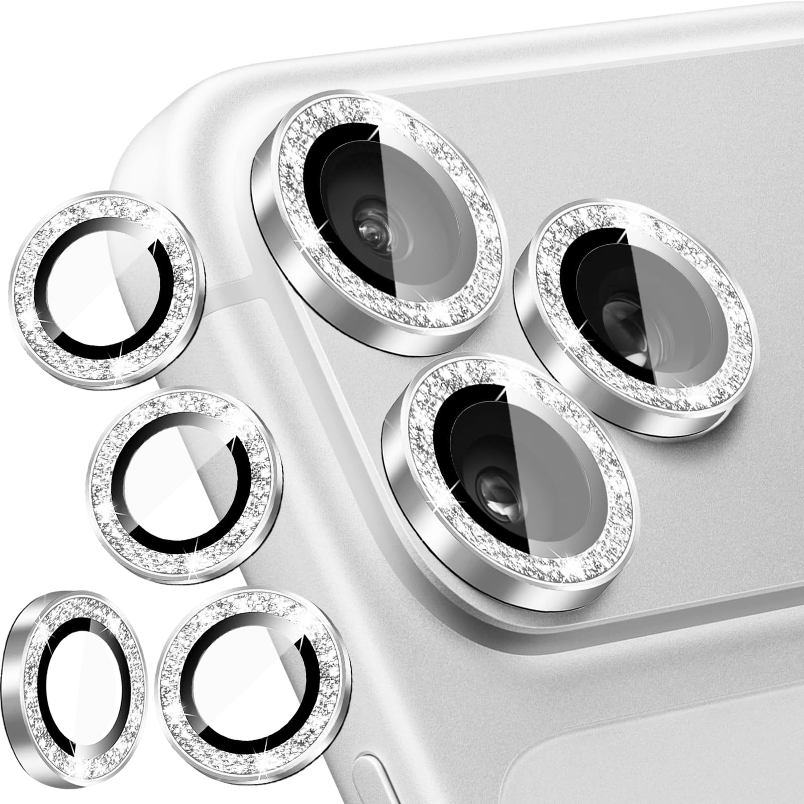 Protection Caméra IPhone 14 Pro / Pro Max – Anneau Métal Glitter Diamants + Verre Trempé 9H (Argent)