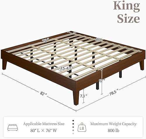 Miniatura 35 de Yaheetech Base de cama Queen con plataforma de madera maciza natural con soporte de listones de madera, espacio debajo de la cama de 12 pulgadas