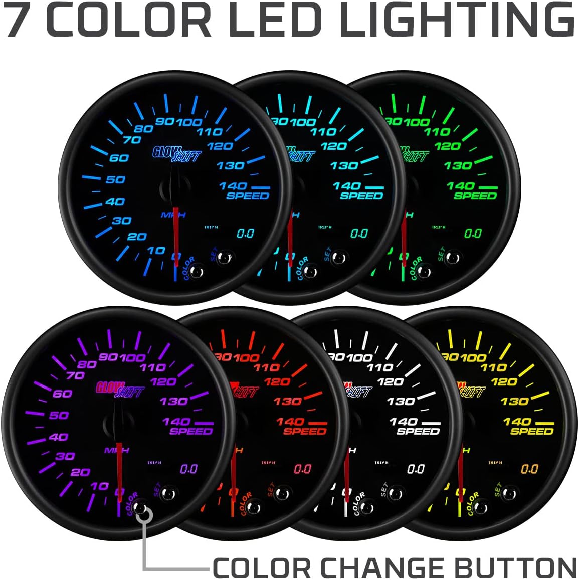 GlowShift Tinted 7 Color 140 MPH Speedometer Gauge - Mounts in Custom Dashboard - Resettable Trip Meter - Includes Wiring - Black Dial - Smoked Lens - 3-3/4" 95mm