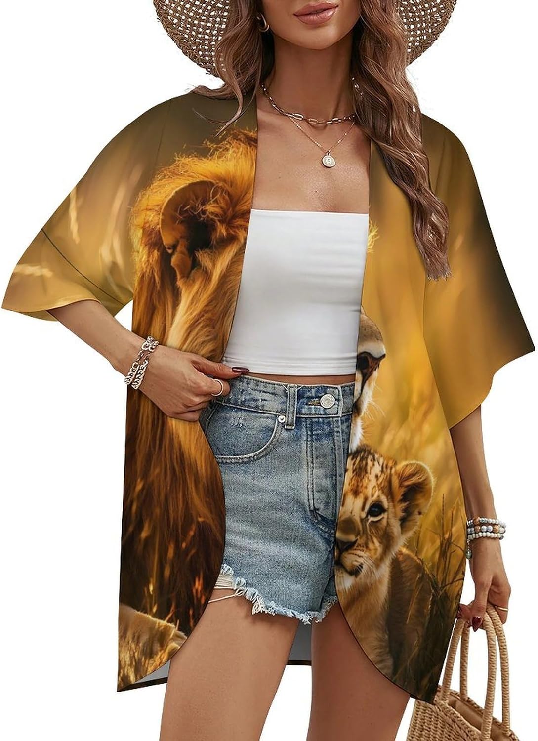Lion Family Print Animal Women's Open Front Cardigan Short Sleeves Jacket Lightweight Sweaters Tops