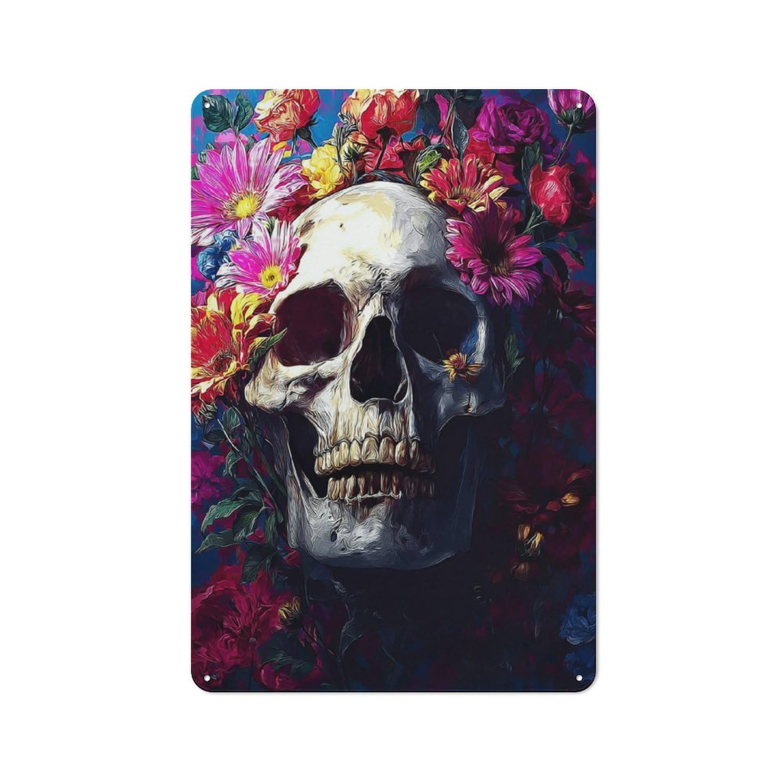 Junmoney Skull Surrounded By Flowers Rustic Metal Plaque 30X20cm For Guest Room Or Hallway, A Decorative Metal Sign For Guest Rooms And Hallways