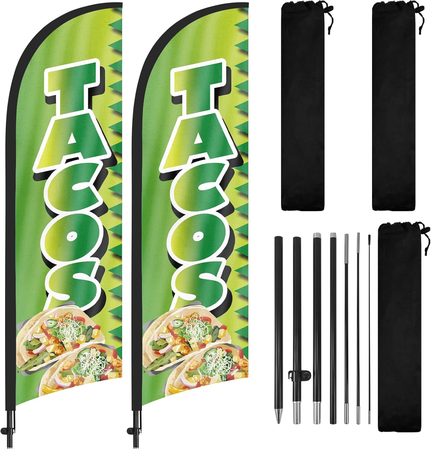 Tacos Advertising Swooper Flag Banner, Tacos Feather Flag with Flag Pole and Ground Stake, 8FT Advertising Feather Banner Sign for Tacos Business 2Pack