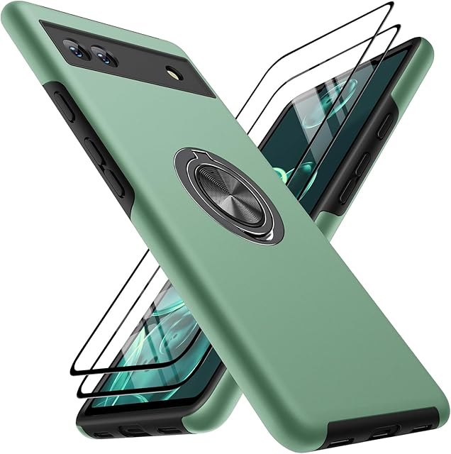 KOVASIA for Google Pixel 6A Case, Military Shockproof Phone Case Pixel 6A 6.1 inch, TPU Flexible Frame + Hard PC Back Cover, 360° Magnetic Rotating Kickstand (Dark Green)