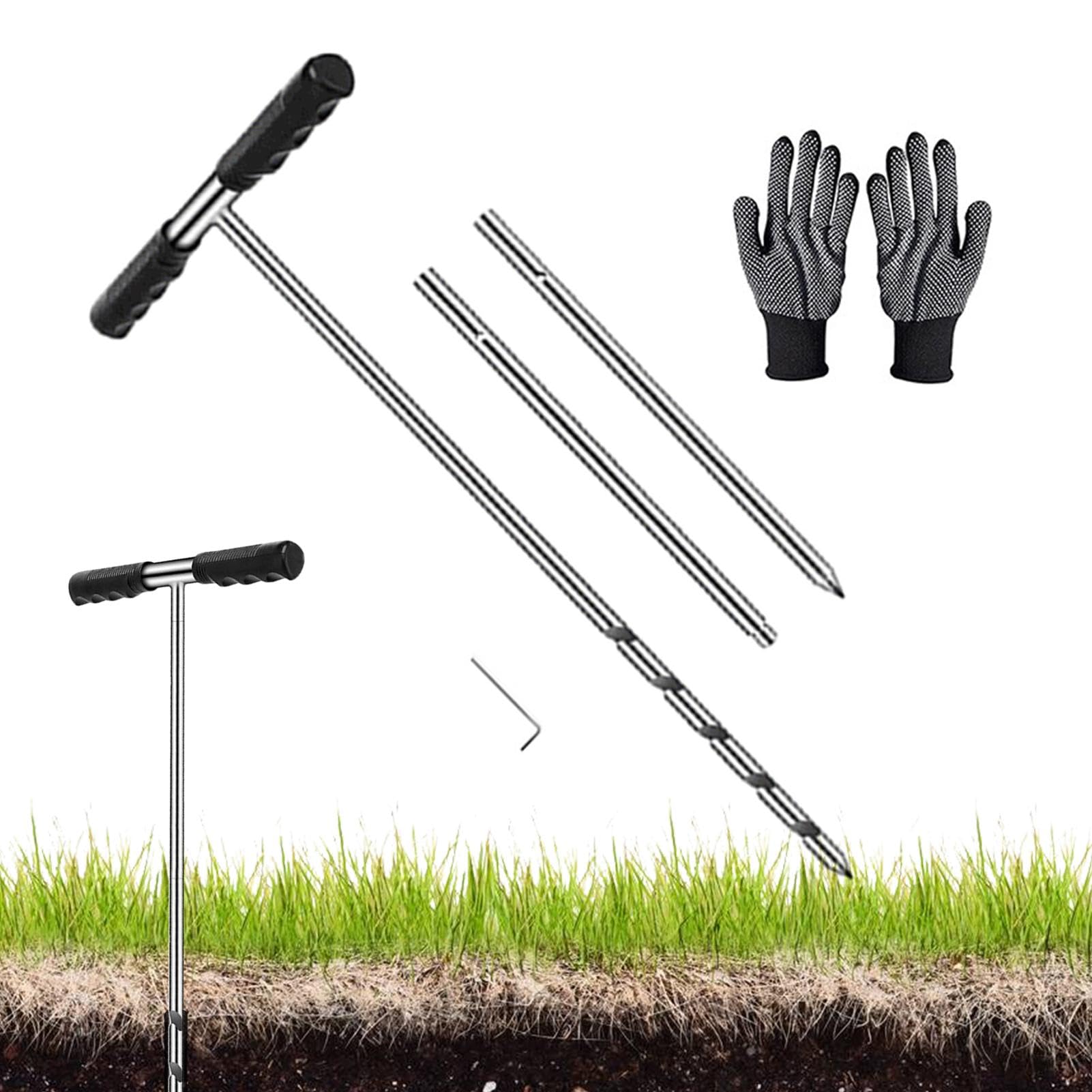 Sondes de sol pour l'échantillonnage du sol, échantillonneur de sol - Tige de sonde de terre en acier inoxydable avec poignée en T, gants inclus | Outil d'échantillonnage de noyau de sol réglable de 1