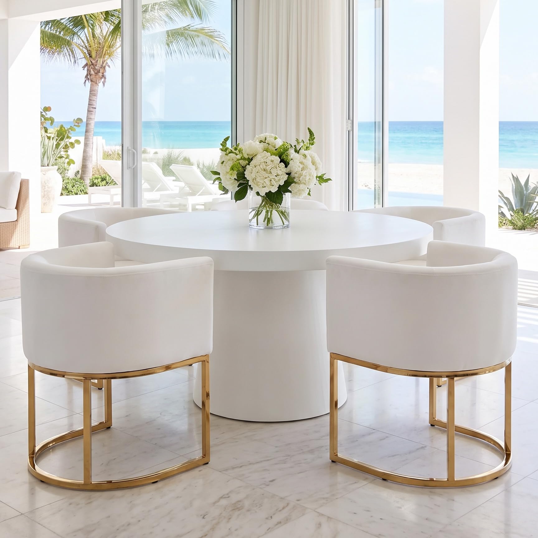 RIVOVA Upholstered Dining Chairs Set of 4, Modern Barrel Side Armchair Upholstered Dining Room Chairs Comfy Armchair Kitchen Side Chair with Golden Metal Legs, White Velvet