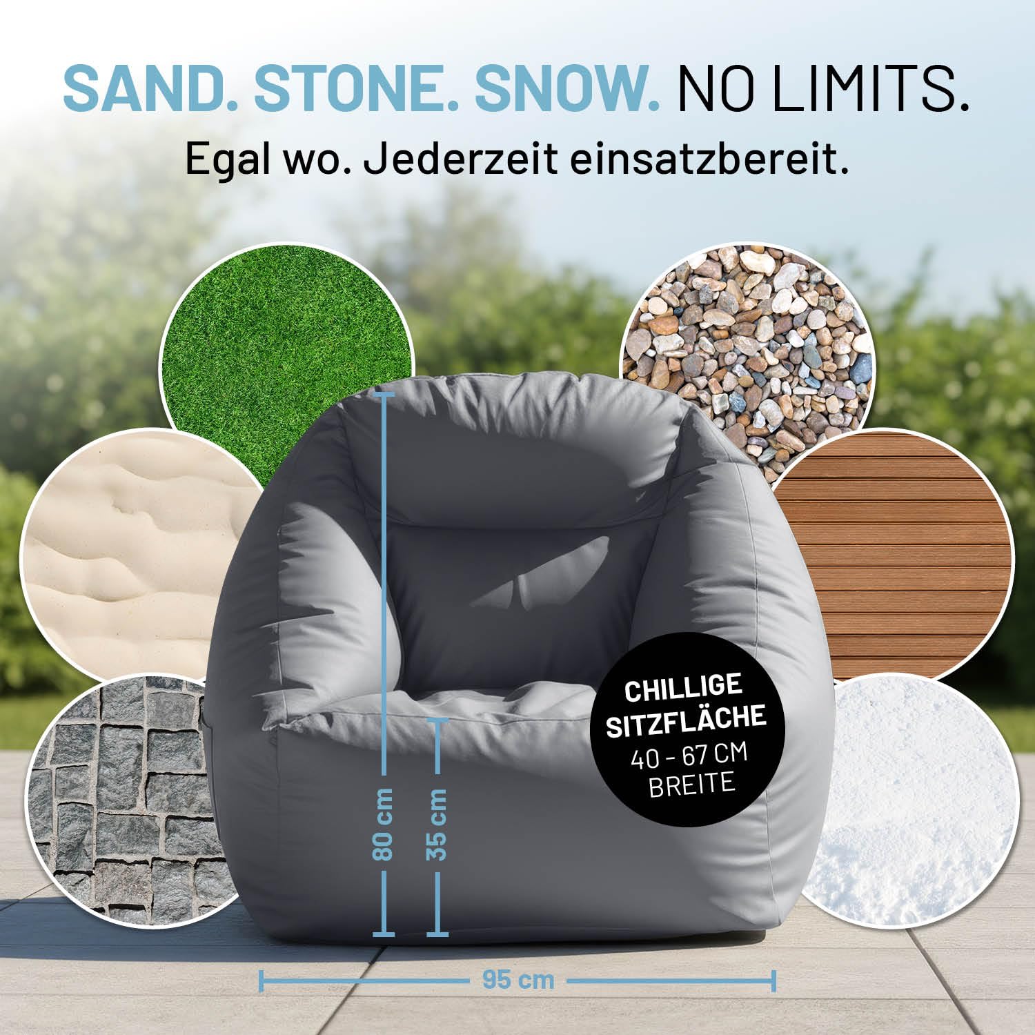 Lumaland Puf Hinchable para Camping para Exteriores, soporta hasta 150 kg, Regulable de 5 cámaras, Lavable, Repelente al Agua, 87 x 95 x 80/35 cm, inflado rápido para Playa y Co.