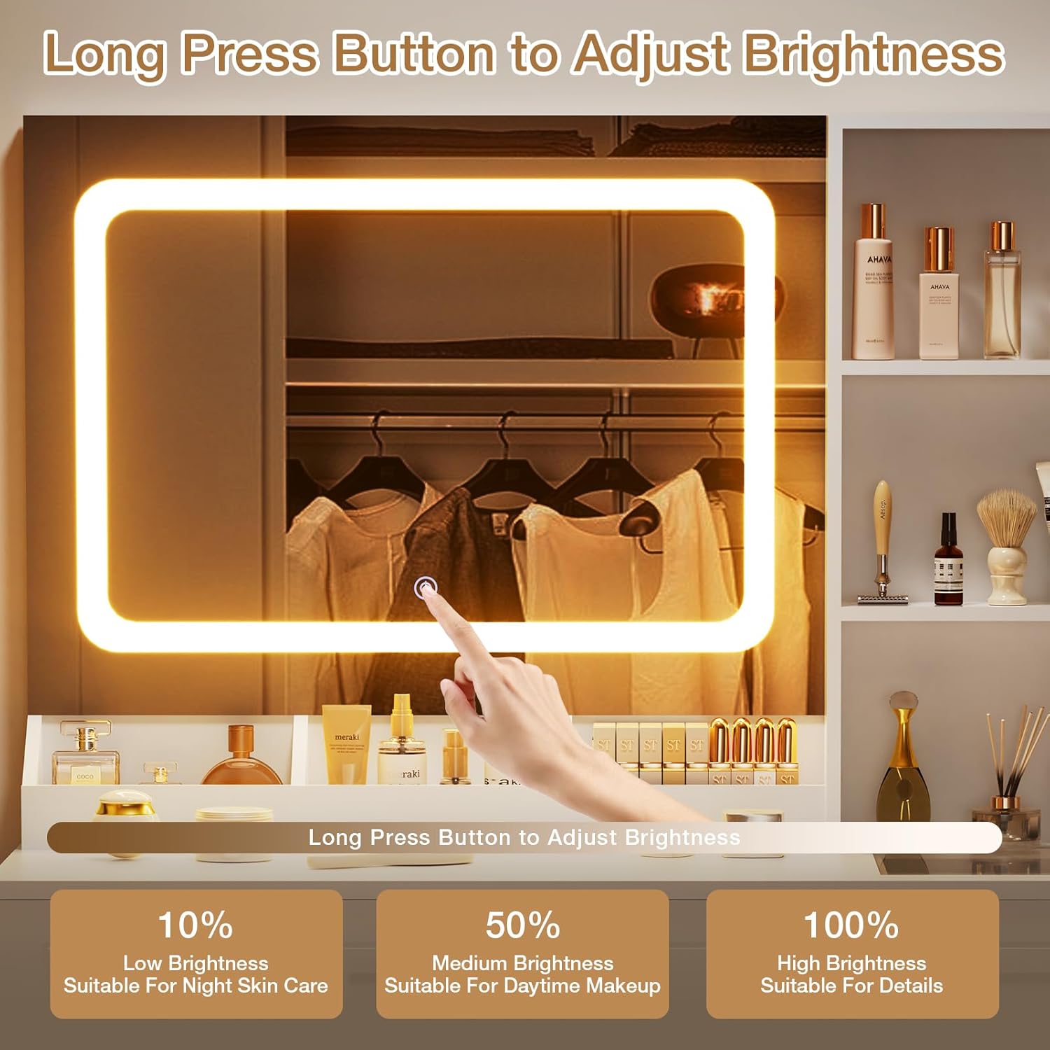 HOMMPA Vanity Desk with Mirror and Lights 41.3“W Makeup Desk with Drawers and Storage Modern Vanity Table with Lighted Mirror Makeup Table with Outlet Dressing Table with Glass Top for Bedroom White
