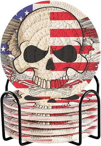 Absorbant Coasters Set of 6 with Holder Coasters for Drinks Cotton Coasters Porta Vasos para Mesas American Flag Skull