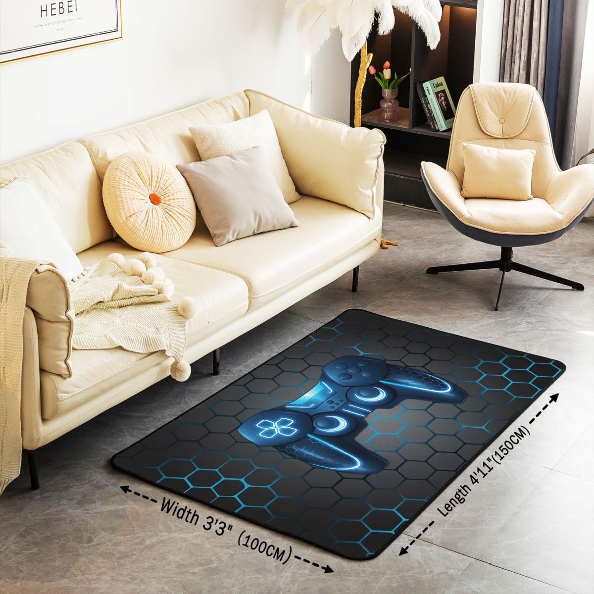 Tappeto per soggiorno con controller di gioco, 150 x 200 cm, motivo a nido d'ape, per camera da letto, per ragazzi e ragazze, motivo videogiochi, decorazione per la casa