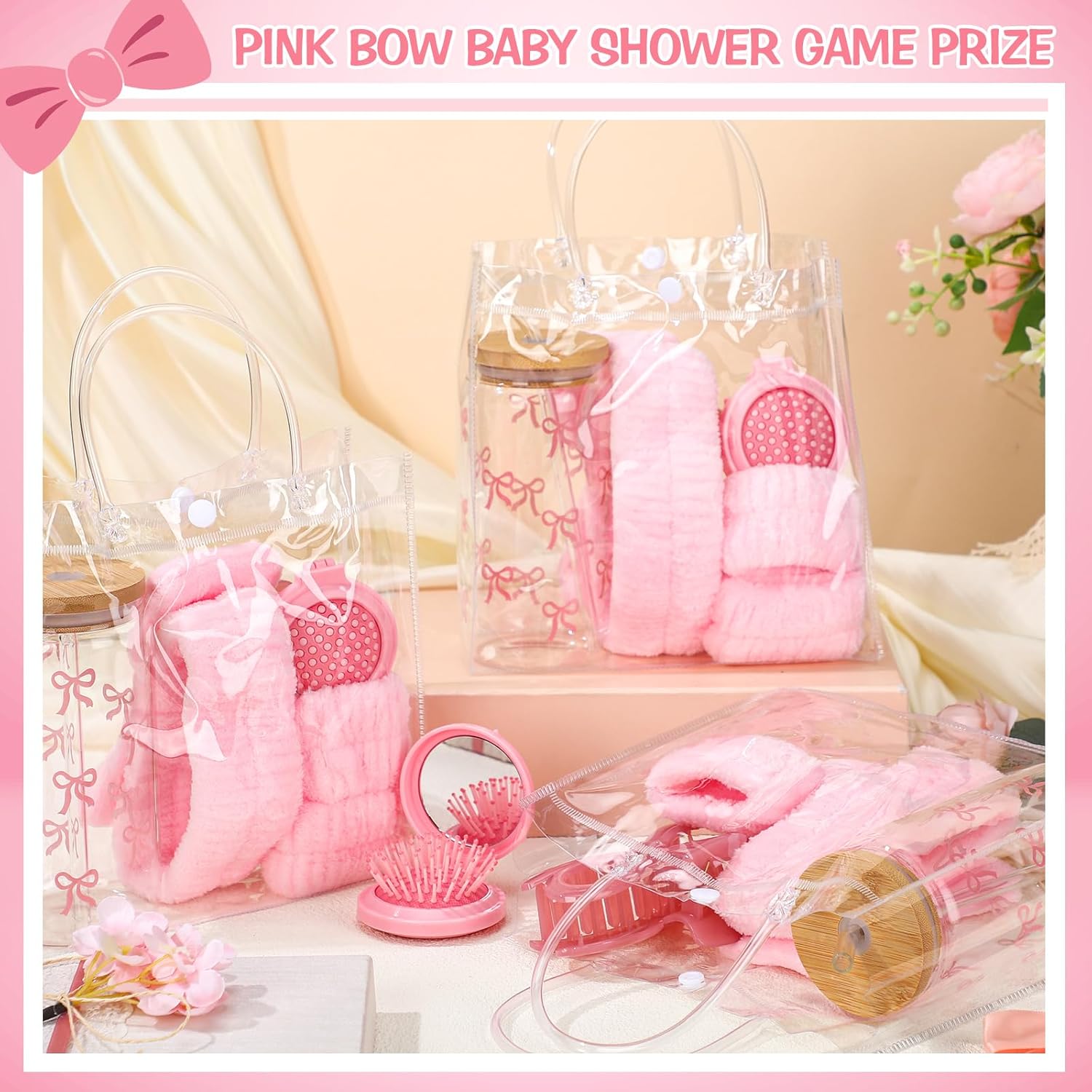 6 Set Pink Bow Baby Shower Game Prize for Winners Hair Band Wrist Bands Folding Mirror Pink Claw Clips Glass with Transparent Bag for Spa Sleepover Party Girls Weekend Shower Wedding Favors