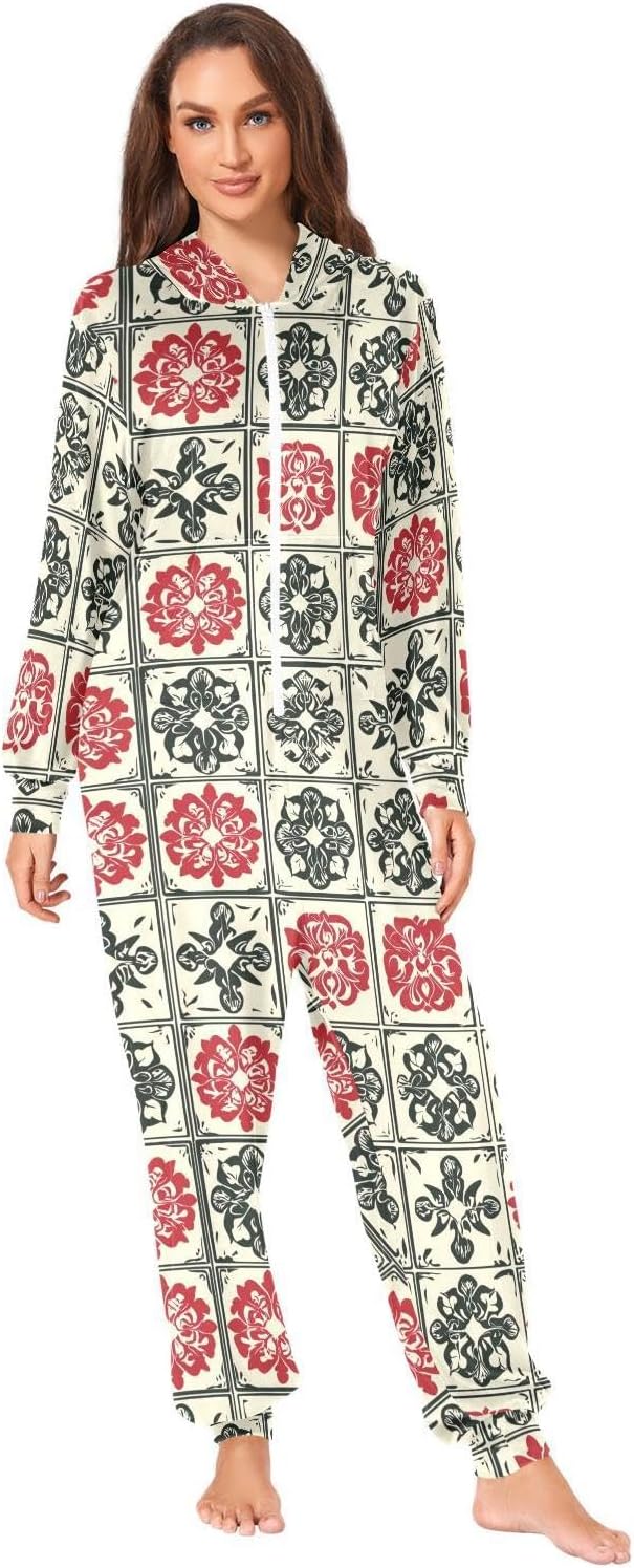 ZZKKO Paper Cutting Style Adult Onesie Pajamas for Women Men Cozy One Piece Pajamas Costume Zip-Up Hooded S-XL