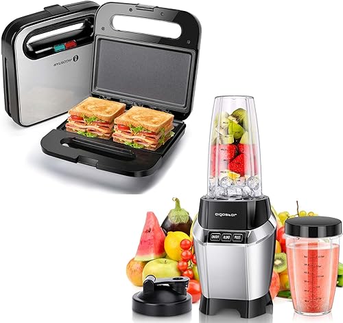 Aigostar Sandwichera, prensa Panini antiadherente, licuadora de balas de 1000 W para batidos y batidos, licuadora personal para desayunar quesos a