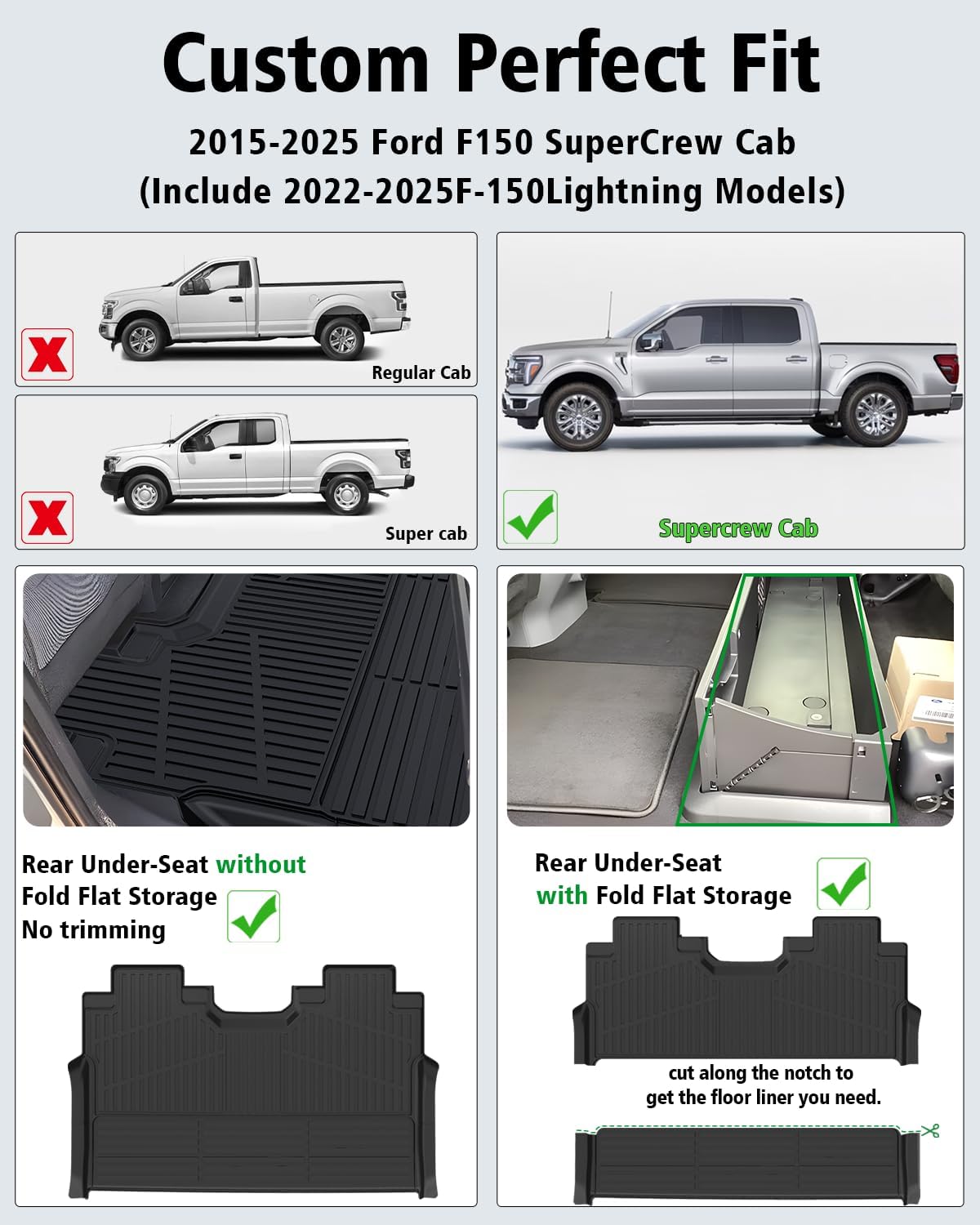 floor mats custom fit for ford f150/f-150 2025 2015-2024 supercrew cab (includes 22-24 lightning models) all weather tpe rubber floor liners anti-slip full set for ford f-150 2025 accessories for 2015-2025 ford f150 floor mats