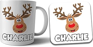 AK Giftshop Personalised Christmas Rudolph Mug and Coaster Gift Set