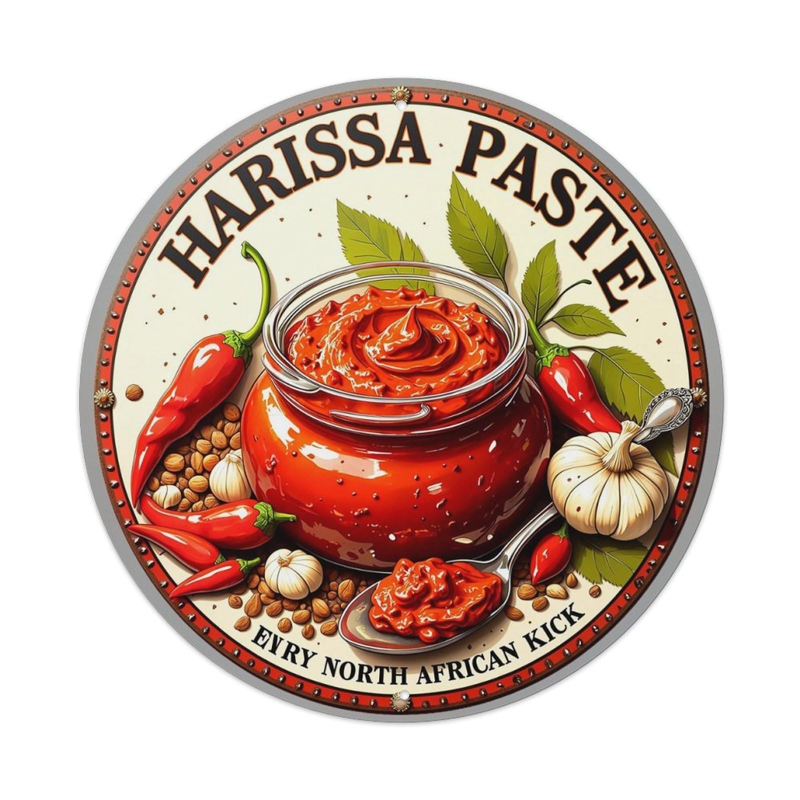 Jdyaojiesheng Vintage Harissa Paste Jar With Chilies And Garlic Round Tin Sign Retro Metal Wall Decor Metal Poster, Home Bar Garage Farmhouse Cafe Wall Art Decoration 8X8inch
