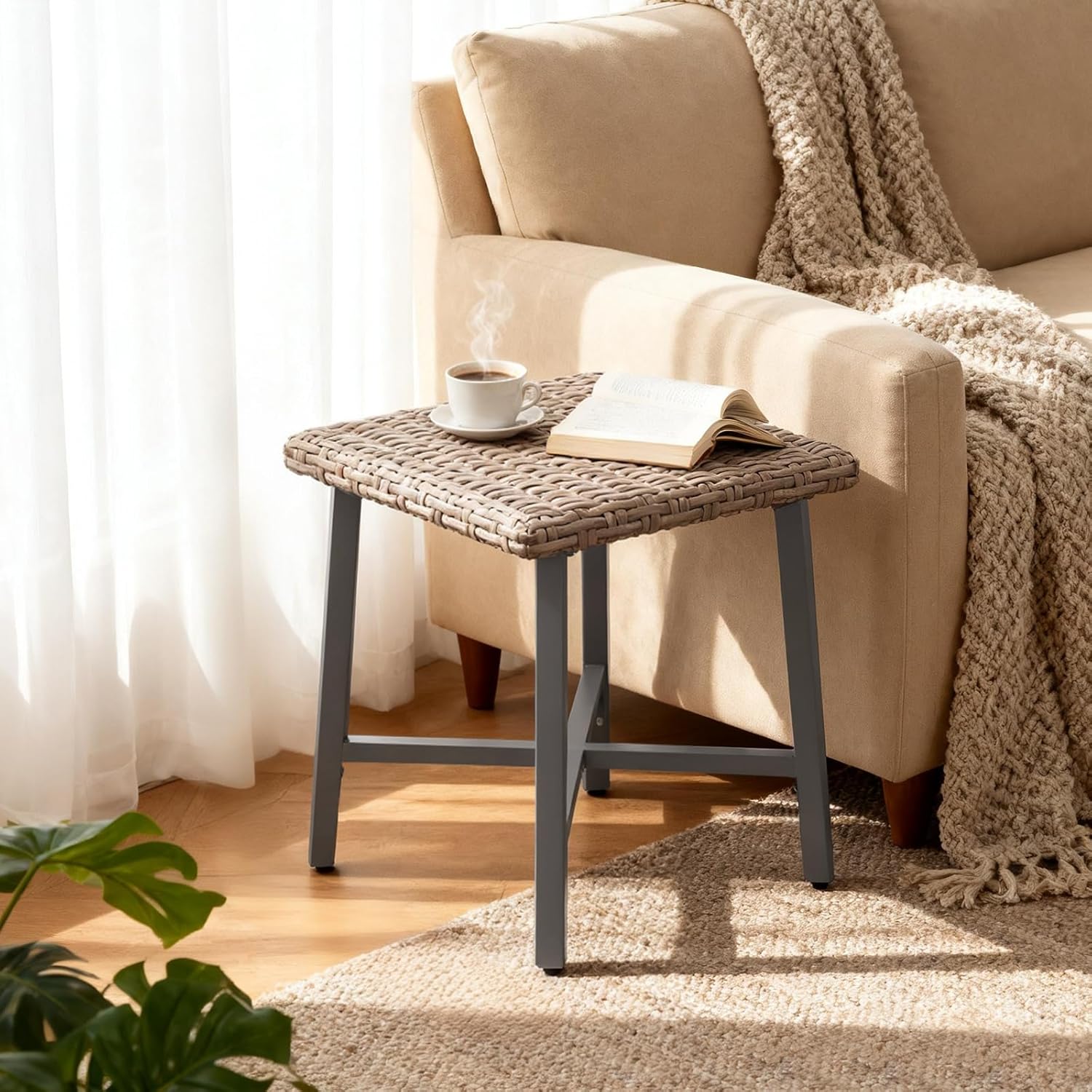 Loungewave Outdoor Side Tables for Patio, Small Wicker Patio Rattan Side Table, Outside End Table for Backyard, Porch, Pool, Weather Resistant & Easy Maintenance (Brown)