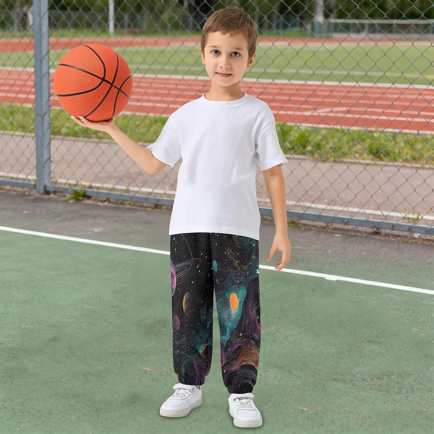 Boy Sweatpants Neon Lines Cosmic Galaxy Planets Joggers Casual Athletic Pants Kids Elastic Waist Cuffed with Pockets