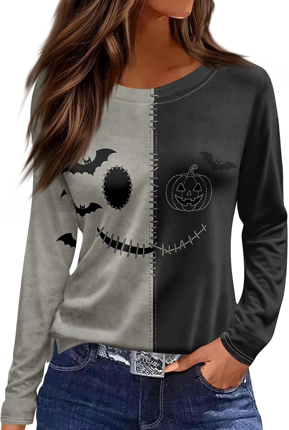 Long Sleeve Womens Halloween Tops Fall Crew Neck Shirts | Woman Tops Summer, Fitted T Shirts for Women, Woman Graphic Tees, Oversized Workout Shirts for Women, Blusas