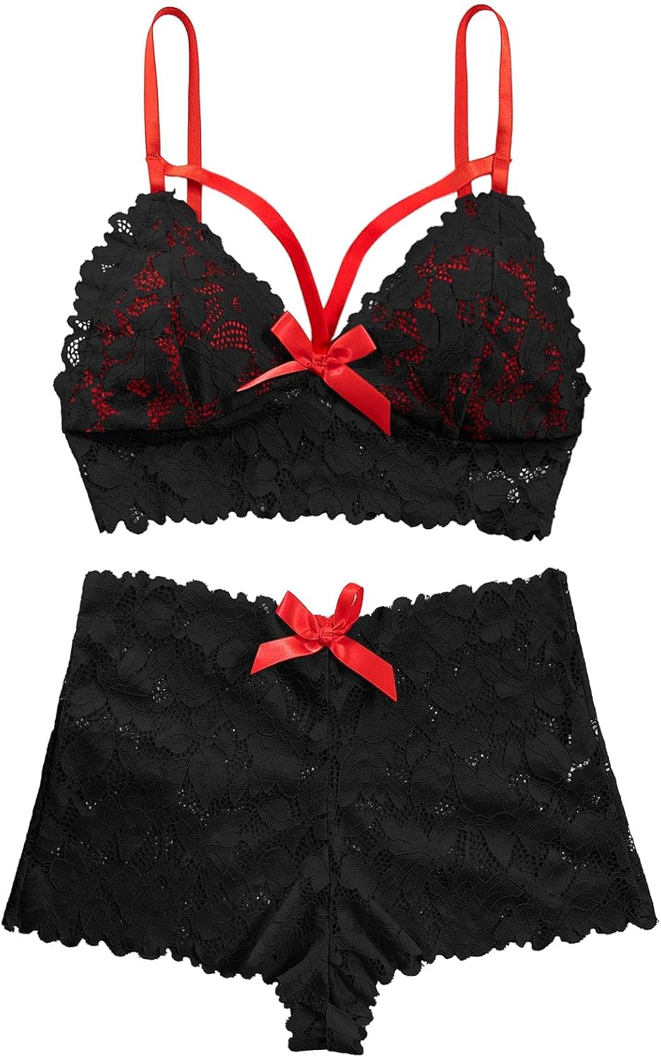 Lilosy Sexy Strappy High Waist Floral Lace Pajamas Lingerie Set Outfits