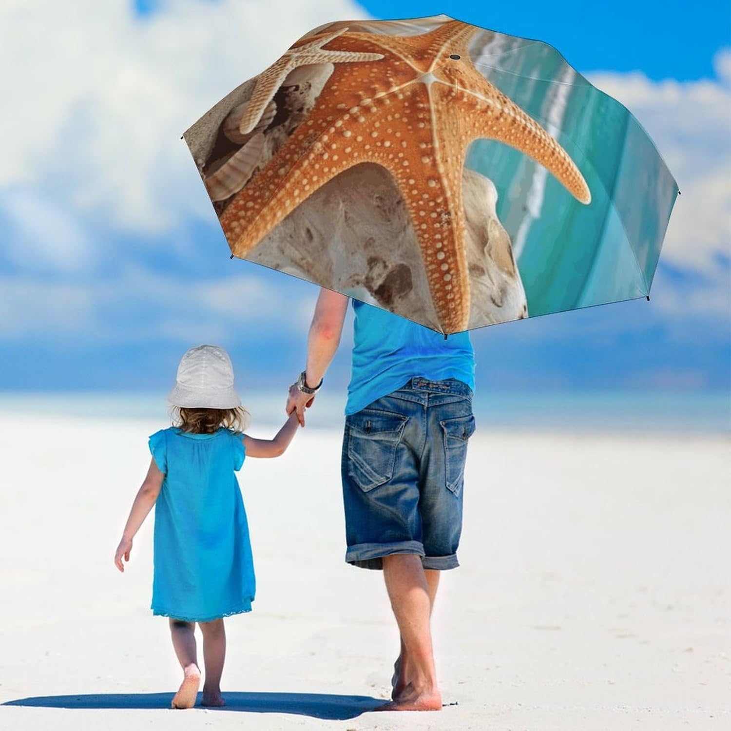 Starfish Seashell Beach Umbrella Extra Large Folding, Travel Umbrella Windproof, Compact, Golf Umbrella With Unique Patterns, Fashionable And Beautiful for Men And Women.