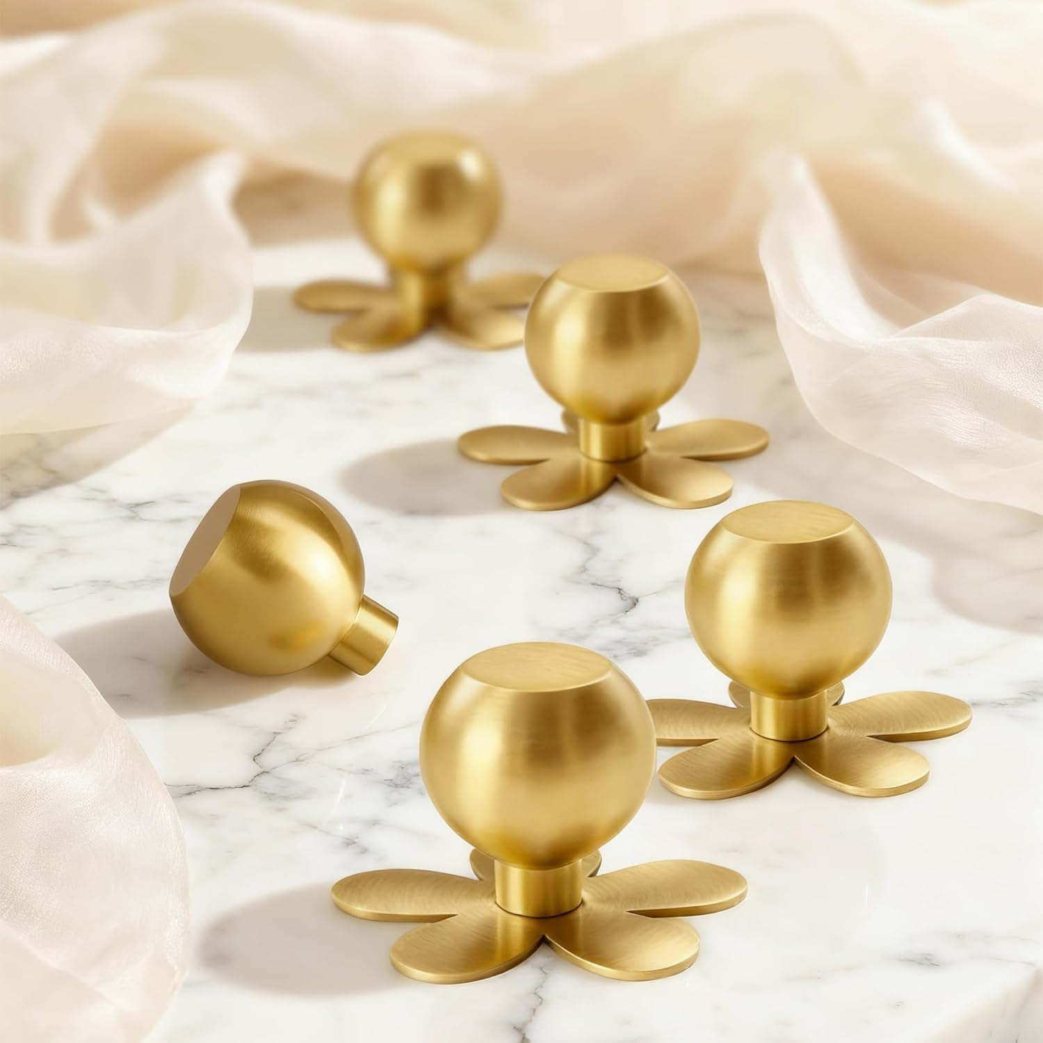 4-Pack Solid Brass Gold Cabinet Knobs, Modern Flower Dresser Handles for Brushed Brass Kitchen Pulls and Vanity Cabinet Hardware with Base Backplate