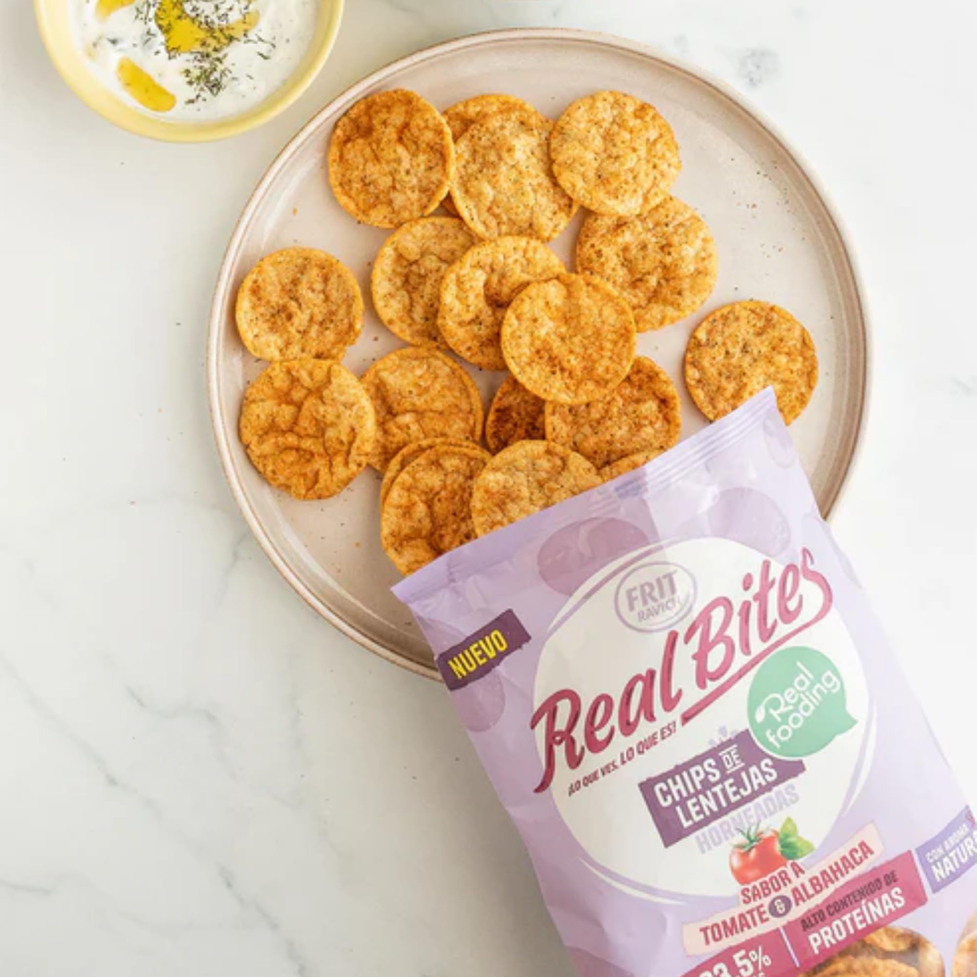 Chips de Lenteja RealFooding - Caja 6 Paquetes - Sabor: Tomate y Albahaca. 6 Bolsas x 80 gramos. Chips de Lenteja al 86% Horneados - RealBites - Sin Gluten