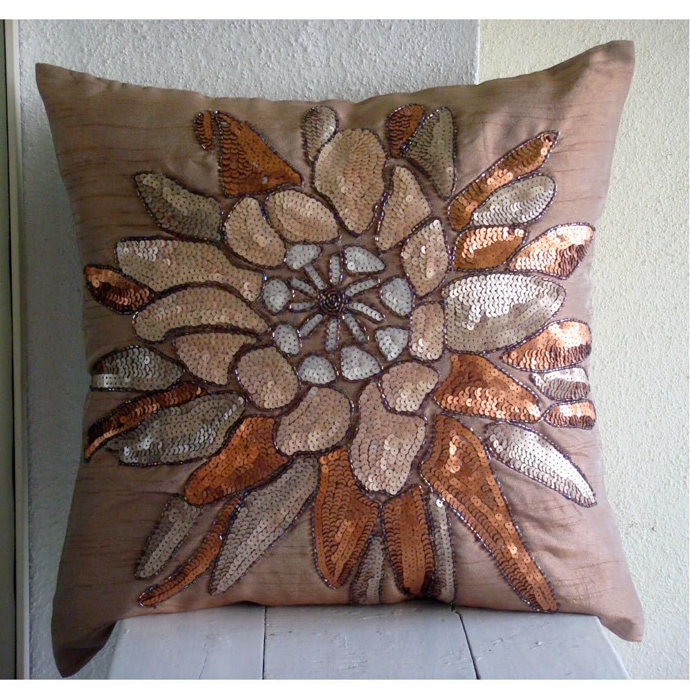 The HomeCentric Marron Taies Euro Couvertures, lot de 2, 65x65 cm Taies D'Oreiller Euro, Paillettes Et Perles Fleur Thème Floral Euro Taies, Soie Euro Imposture, Floral Contemporain - Spark Attraction