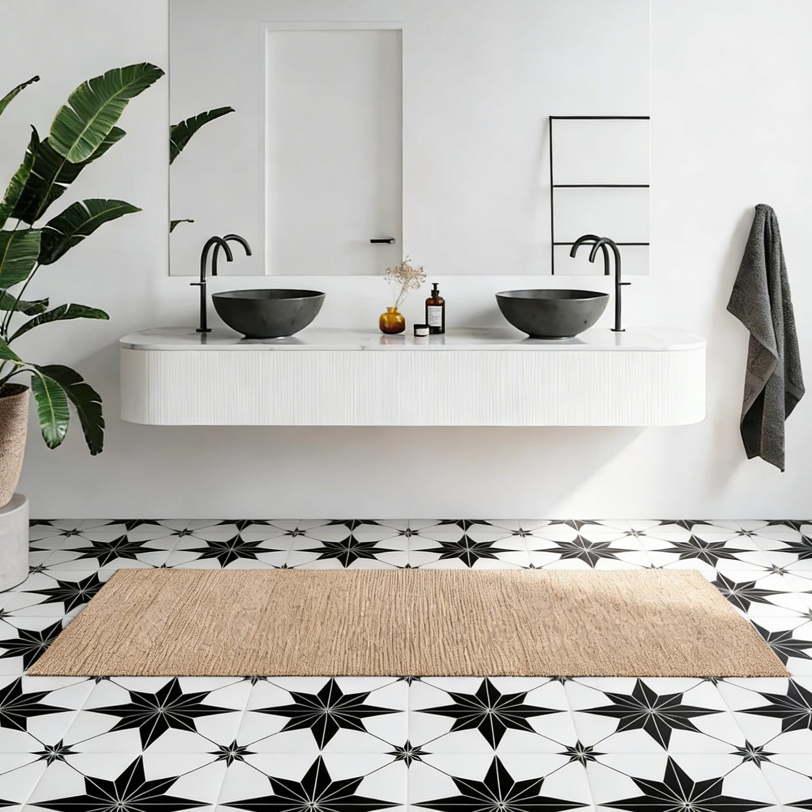 CYEER 20er Set Vinylboden Selbstklebend – 30x30 cm PVC Bodenfliesen (1,8 m²) – Schwarzes Sternmuster mit weißen Linien auf Weiß Wasserfester Bodenbelag für Küche & Bad – Mietwohnung Freundlich