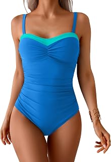 One Piece Swimsuit Tummy Control Color Block Bathing Suits for Women Ruched Slimming Swim Suit Tie Back