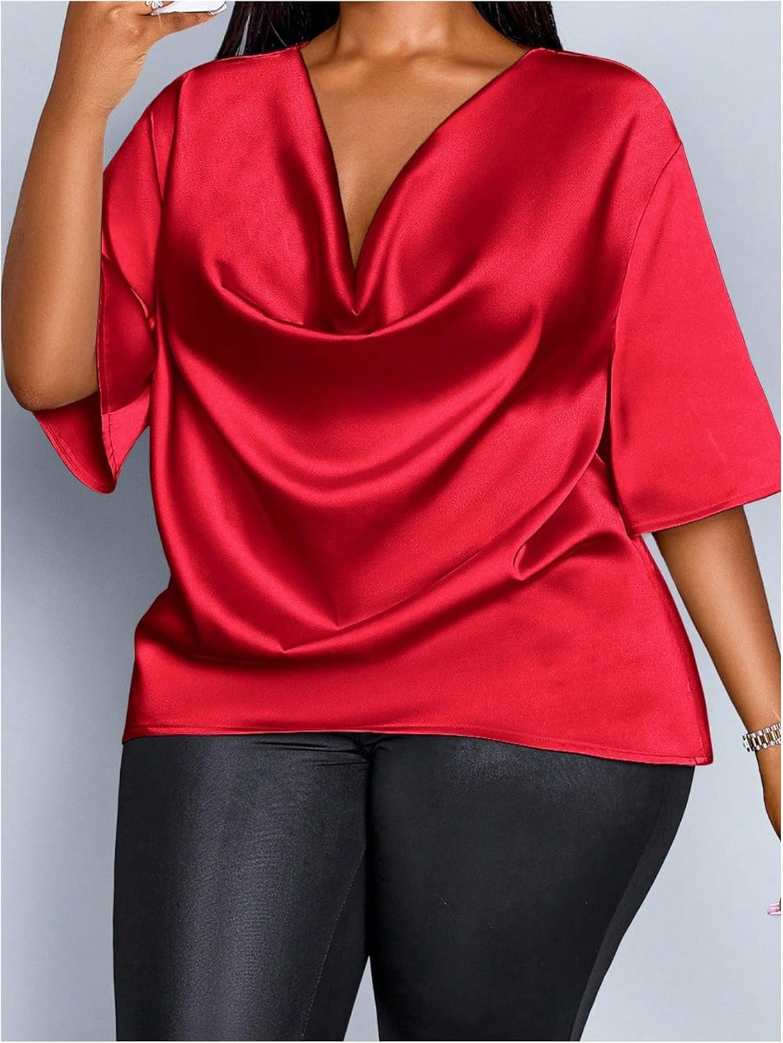 Floerns Women's Plus Size Cowl Neck Satin Blouses Half Sleeve Dressy Casual Blouse Tops