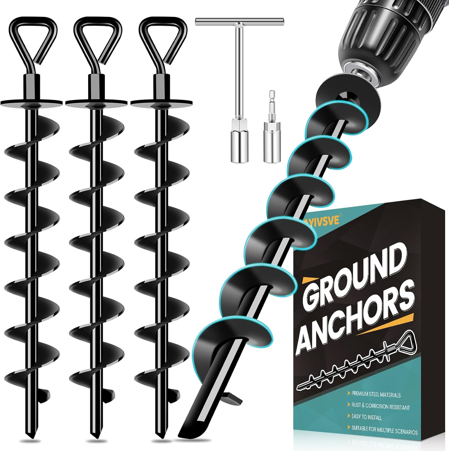 Ground Anchors Screw in, Heavy Duty Ground Trampoline Stakes High Wind Tent Stakes for Tent, Trampoline, Gazebo, Carport, Trap Anchor, Canopies, Swing Set