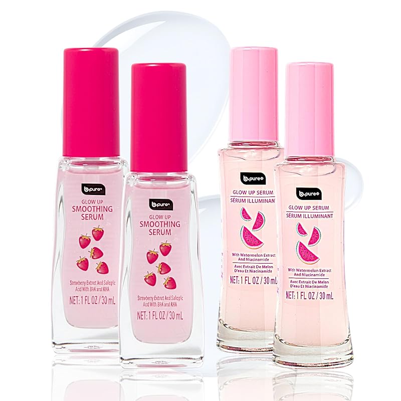 Kit com 4 Séruns Faciais b.pure Glow Up Watermelon e Strawberry, Niacinamida, Ácido Salicílico e AHA/BHA, 120 mL