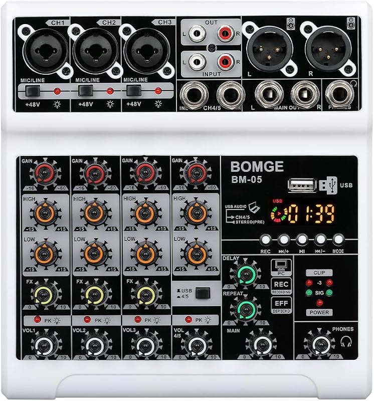 Mezclador de audio, consola de mezcla de placa de sonido con efecto de retardo de eco Bluetooth USB digital de 5 canales, mezcladores de DJ estéreo Phantom Power de 48 V para grabación, transmisión en vivo, podcasting (BM-05-W)