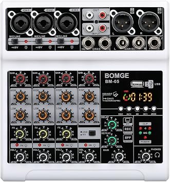 BOMGE Audio Mixer, Sound Board Mixing Console with 5 Channel Digital USB Bluetooth Echo Delay Effect, 48V Phantom Power Stereo DJ Mixers for Recording, Live Streaming, Podcasting BM-05-W