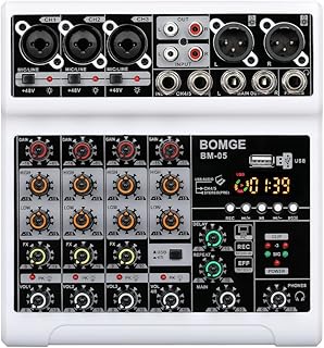 BOMGE Audio Mixer, Sound Board Mixing Console with 5 Channel Digital USB Bluetooth Echo Delay Effect, 48V Phantom Power Stereo DJ Mixers for Recording, Live Streaming, Podcasting (BM-05-W)