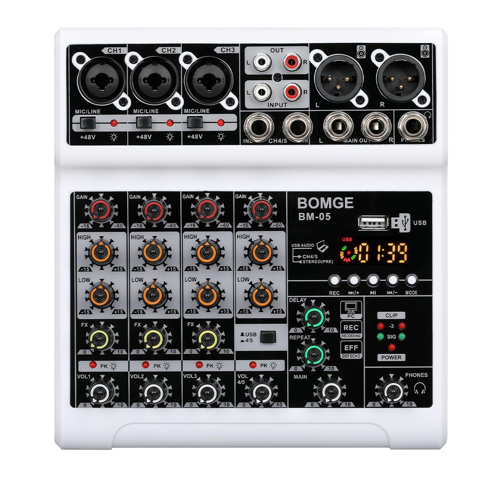 BOMGE Mixeur Audio, Table de Mixage Son avec 5 Canaux Numériques USB Bluetooth, Effet de Retard d’Écho, Alimentation Fantôme 48V, Mixeurs DJ Stéréo pour Enregistrement, Diffusion en Direct, Podcast