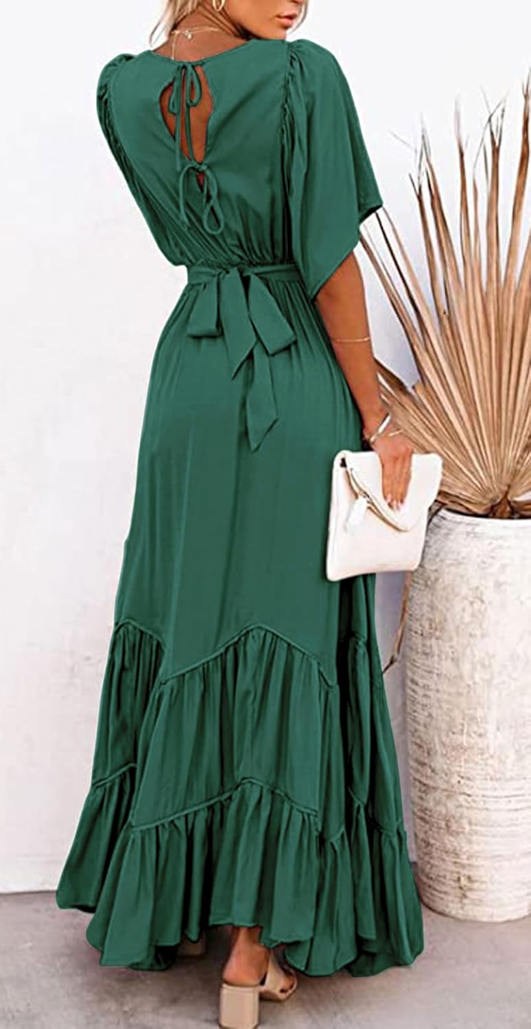 CHARTOU Women's Boho Ruffle Sleeve Flowy Maxi Dress Lace Up Back Tiered Party A Line Dress - Image 3