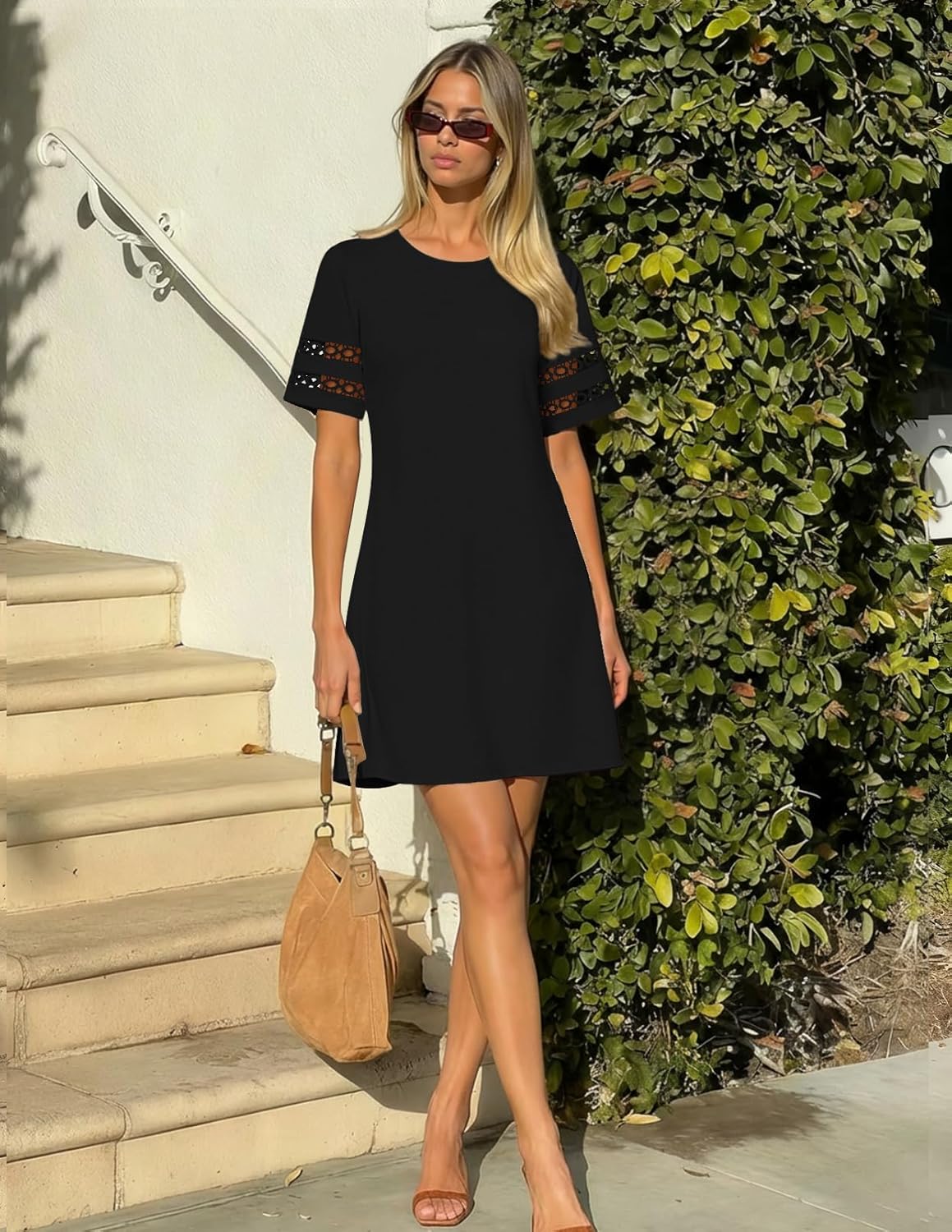 MEROKEETY Women's 2026 Summer Spring Casual T Shirt Dress Hollow Out Short Sleeve Beach Vacation Shift Swing Sundress - Image 4