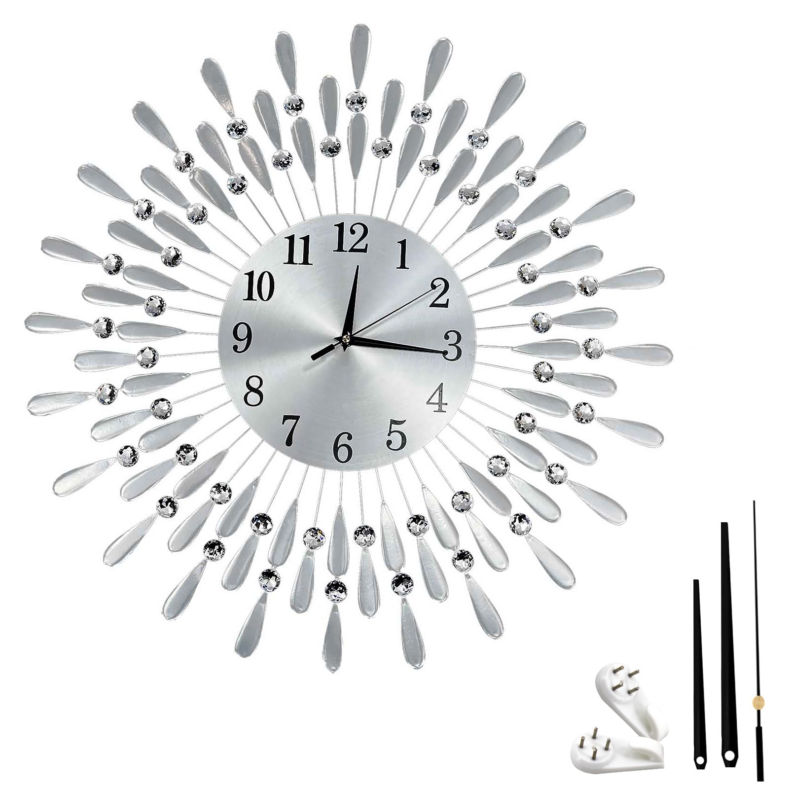 Crystals 38/60cm Diamante Beaded Wall Clock, Elegant Quartz Jeweled Clock for Home Decor, Modern Decorative Clock for Living Room, Bedroom & Office, Stylish Large_Silver (38cm)
