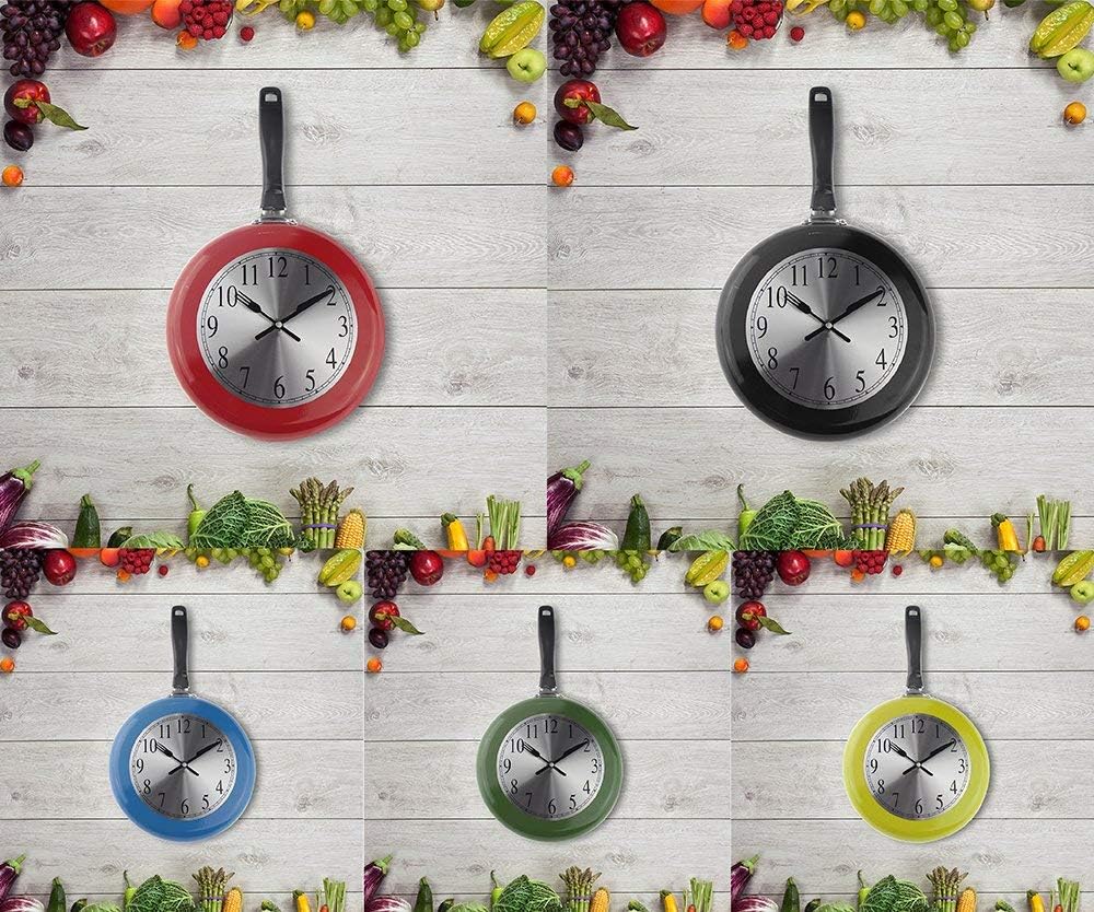 Wall Clock, 10 inch Metal Frying Pan Kitchen Wall Clock Home Decor - Kitchen Themed Unique Wall Clock with a Screwdriver (Red)