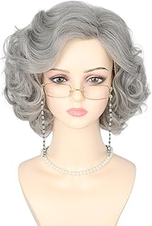 LeMarnia 5Piece Old Lady Costume Wig Grey Short Curly Layere