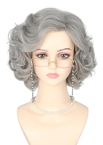 5Piece Old Lady Costume Wig Grey Short Curly Layered Wig