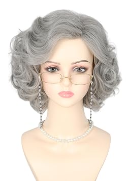 Old Lady Wig for Women - Short Curly Silver Gray Granny Wig and Accessories 5pcs Set Old Woman Costume Wig for 100 Days of School Cosplay Party Grandma Dress-Up Party